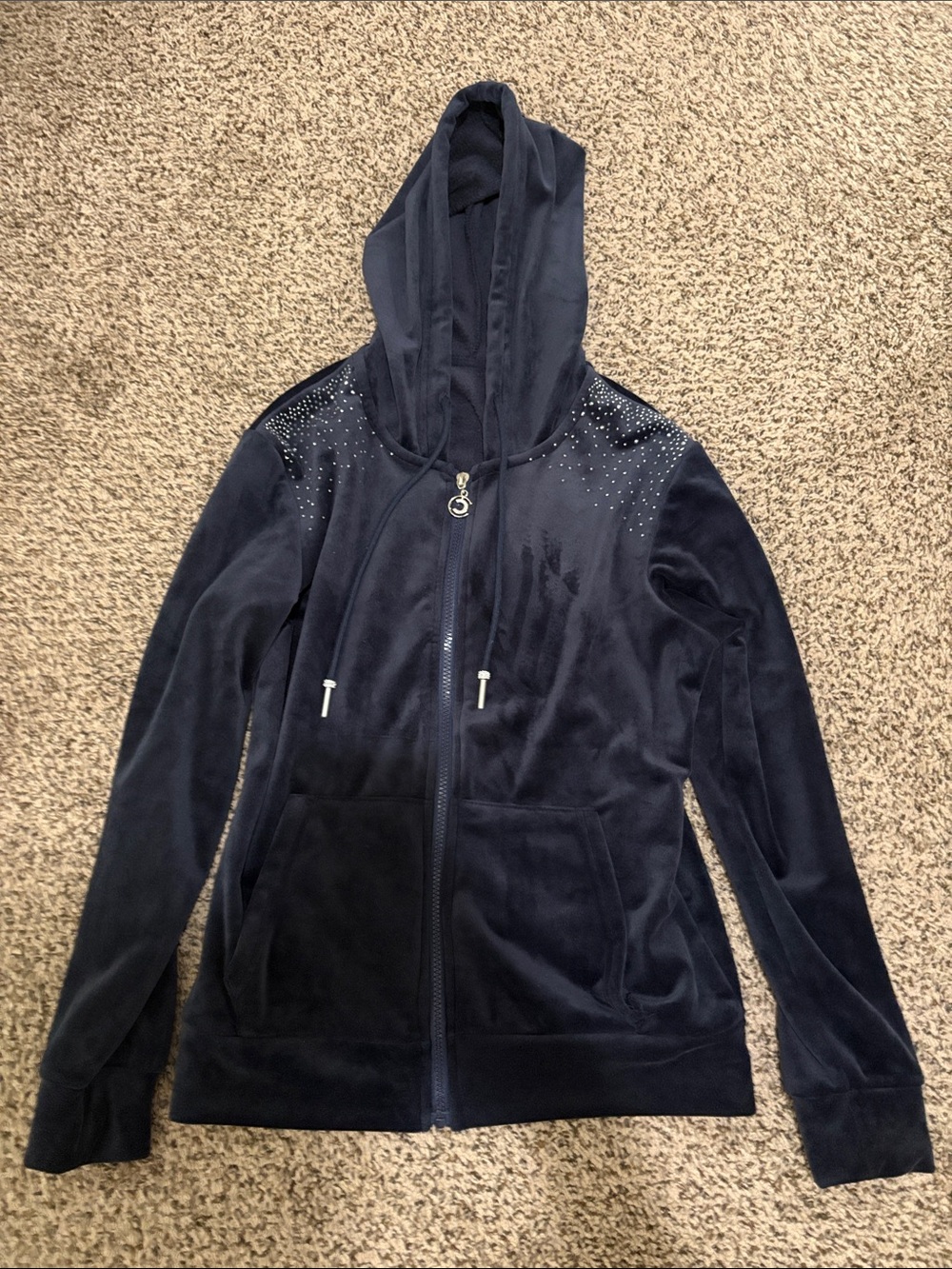 Velour Zip-Front Hoodie Jacket with Rhinestone Shoulder Detail - Navy
